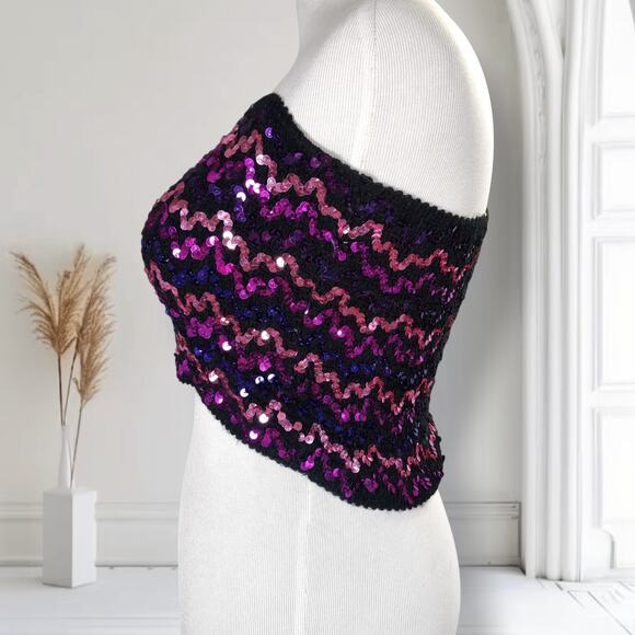 Vintage 80s Sequin Tube Top Black Pink Purple Chevron Zigzag Festival One Size - Picture 4 of 7